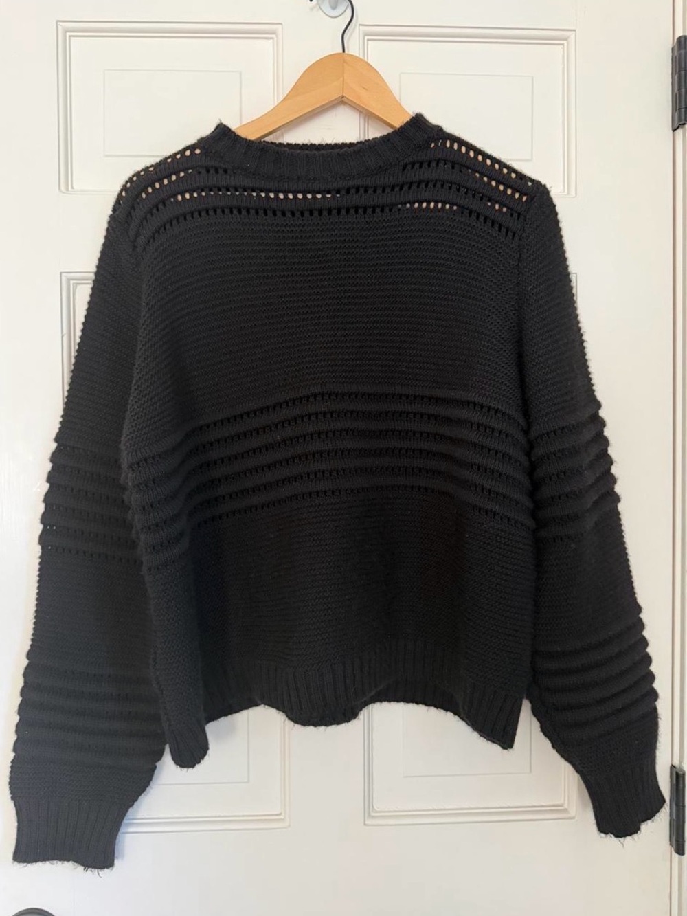 Black Textured Knit Crewneck Sweater - Women's Casual Layering